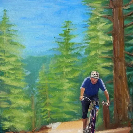 Image similar to man biking up a steep forest hill with a deep blue sweater. sweaty. Oil painting. Emotional. Steep. Trees.