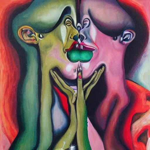 Image similar to acrylic painting by otto dix of a closeup of bizarre psychedelic femme creatures kissing each other, speculative evolution, exobiology