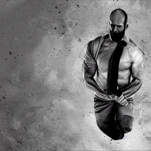 Image similar to jason statham fighting keyboard, half body shot, path traced, fight scene, highly detailed, high quality, digital painting