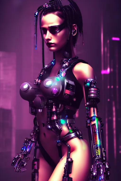 Prompt: cyberpunk beautiful woman, abstract black oil, gear mecha, detailed acrylic, grunge, intricate complexity, rendered in unreal engine, photorealistic, neon ambiance