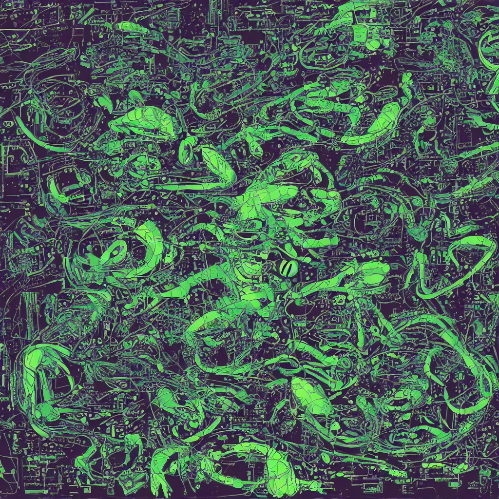 Image similar to toads, big toad, mechanical, technical, abstract, acrylic, oil, circuit board, computers, vektroid album cover, vectors, drips, dimensions, breakcore, leaks, glitches, frogs, amphibians, geometry, data, datamosh, motherboard, code, cybernetic, painting, dark, eerie, cyber