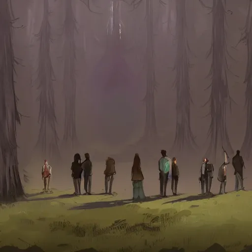 Prompt: a group of people standing in a dark forest, concept art by vincent proce, trending on cgsociety, sots art, lovecraftian, concept art, 2 d game art