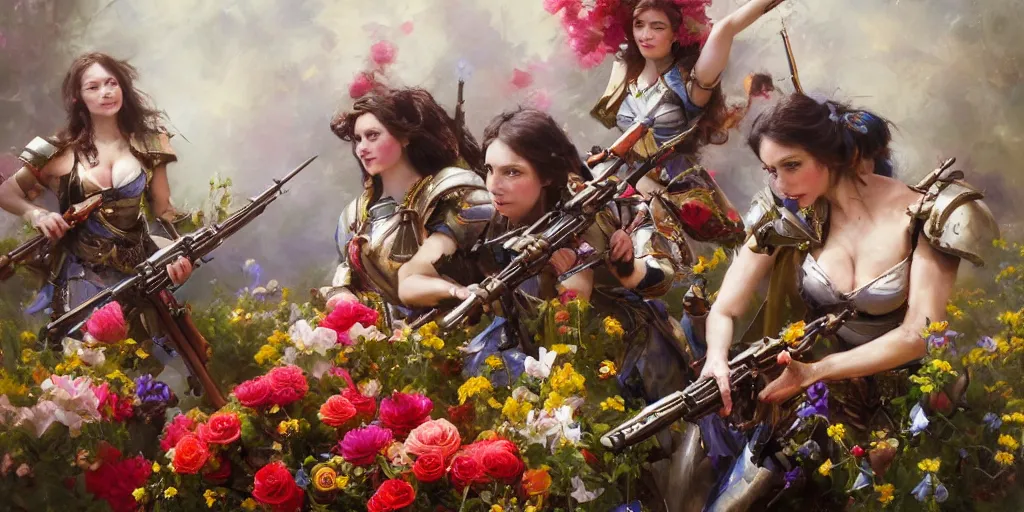 Image similar to warhammer battle sisters aiming their rifles at a bouquet of flowers. by Daniel F. Gerhartz, hyperrealistic oil painting, 4k, studio lightning, very detailed, rtx on