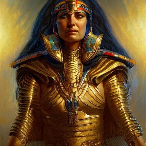 Prompt: egyptian woman tan skin in armor, priestess, karol bak, donato giancola, digital art, ambient lighting, studio lighting,