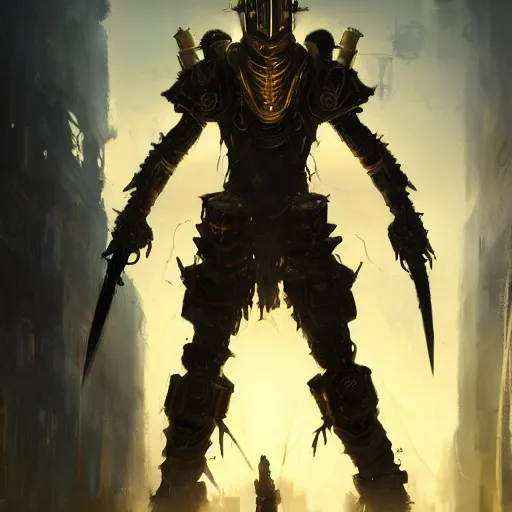 Prompt: anthropomorphic cyberpunk warrior stands tall wearing black and gold armor, oil painting, Tooth Wu, Greg Rutkowski, RPG, dynamic lighting, fantasy art, High contrast, depth of field, landscape, scenery