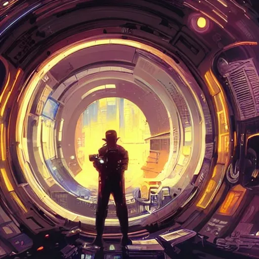 Image similar to circular derelict portal in a middle of a futuristic cityscape, world seen only through a portal, daylight, cinematic perspective, cinematic lighting, blue sky, syd mead, john harris