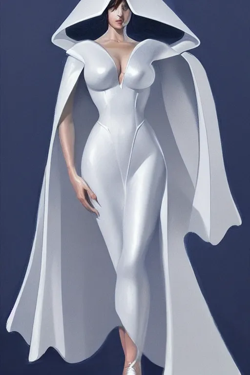 Image similar to detailed beautiful noun in opened white gold blue coat, seductive confident pose, attractive feminine curves, intricate details, futuristic, alien, elegant cape, elegant, photorealism, trending on artstation, holy halo, advanced technology, art by moebius and vitaly bulgarov and chanthara