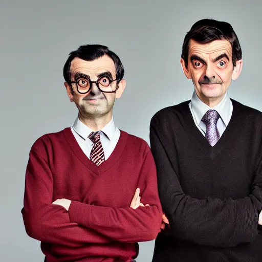 Image similar to A portrait mr bean teams up with a teenage mr bean, perfect faces, 50 mm, award winning photography