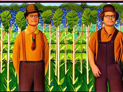Image similar to grant wood mural of dwight schrute on his beet farm. dwight is wearing a yellow shirt and a brown striped tie