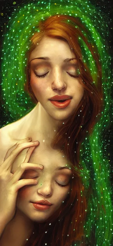 Image similar to young woman, smiling, amazed by golden fireflies lights, sitting in the midst of nature fully covered, long loose red hair, intricate linework, green eyes, small nose with freckles, oval shape face, realistic, expressive emotions, dramatic lights, spiritual scene, hyper realistic ultrafine art by cecco del caravaggio and albert bierstadt and artgerm