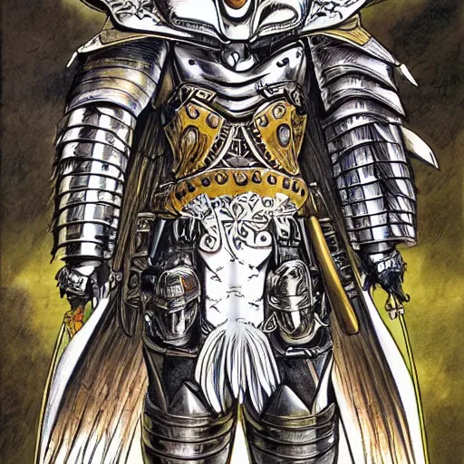 Image similar to portrait of a barn owl warrior wearing an armor by Takeshi Obata