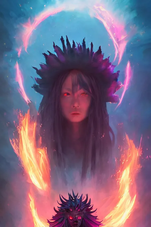 Image similar to a beautiful dark magician girl with a large witches hat covered in colourfull flames by Greg Rutkowski, Sung Choi, Mitchell Mohrhauser, Maciej Kuciara, Johnson Ting, Maxim Verehin, Peter Konig, final fantasy , mythical, 8k photorealistic, cinematic lighting, HD, high details, atmospheric,