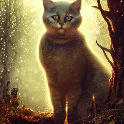 Image similar to metallic gold cat creating magic in the gnarly forest at night by tom bagshaw, mucha, karl kopinski, trending on artstation, 8k, denoised, crisp, hd