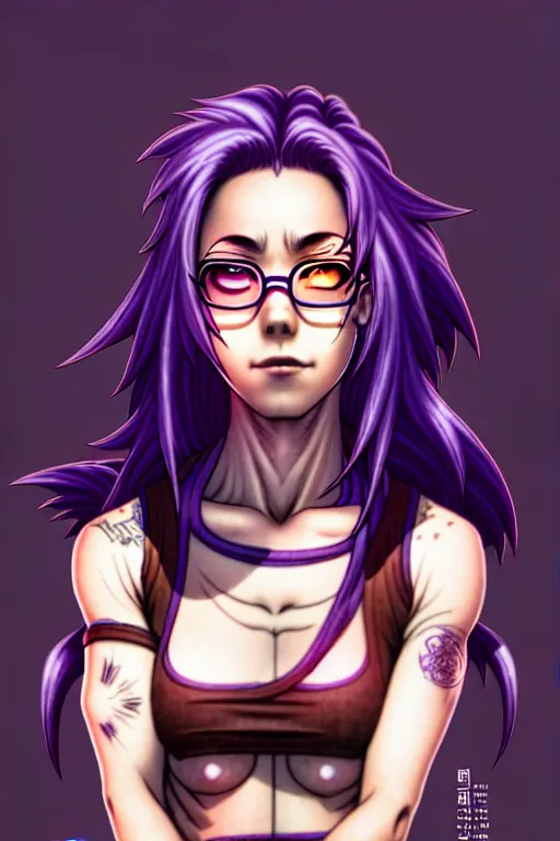 Image similar to a portrait of dilraba dilmurat as revy from black lagoon, smirk, black tank top, jean shorts, brown eyes, purple hair, tribal tattoos right arm sleeve, symmetrical eyes, symmetrical face, art by lois van baarle and loish and ross tran and rossdraws and sam yang and artgerm