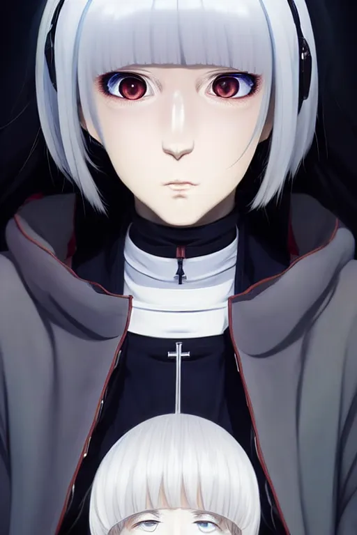 Image similar to portrait Anime cyborg girl in nun clothes, holy church Warhammer 40000, cute-fine-face, white-hair pretty face, realistic shaded Perfect face, fine details. Anime. realistic shaded lighting by Ilya Kuvshinov katsuhiro otomo ghost-in-the-shell, magali villeneuve, artgerm, rutkowski, WLOP Jeremy Lipkin and Giuseppe Dangelico Pino and Michael Garmash and Rob Rey