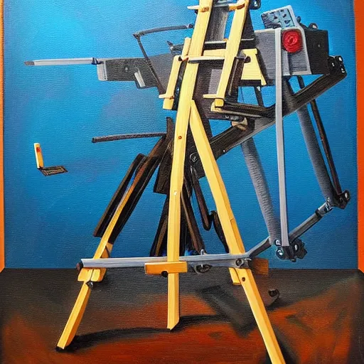 Prompt: a scary multi armed machine painting on an easel and canvas