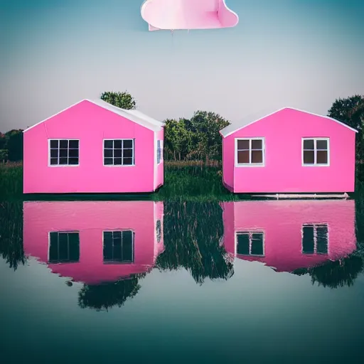 Image similar to a 5 0 mm lens photograph of a cute pink floating modern house, floating in the air between clouds, inspired by the movie up, held up from above by ballons. mist, playful composition canon, nikon, award winning, photo of the year