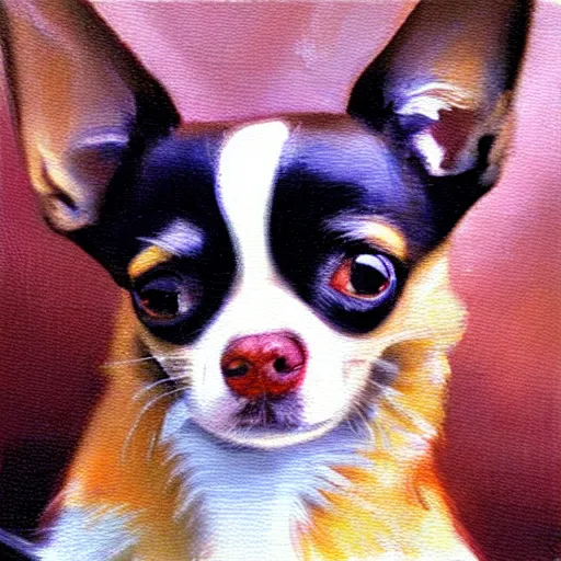 Image similar to chihuahua holding a camera, impressionist oil painting