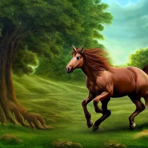 Prompt: brown centaur running through lush green fields, fantasy art