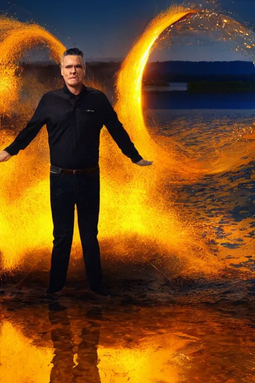 Image similar to h. p. baxxter standing in water with explosion in background, full body, reflection in water, volumetric lighting, golden ratio