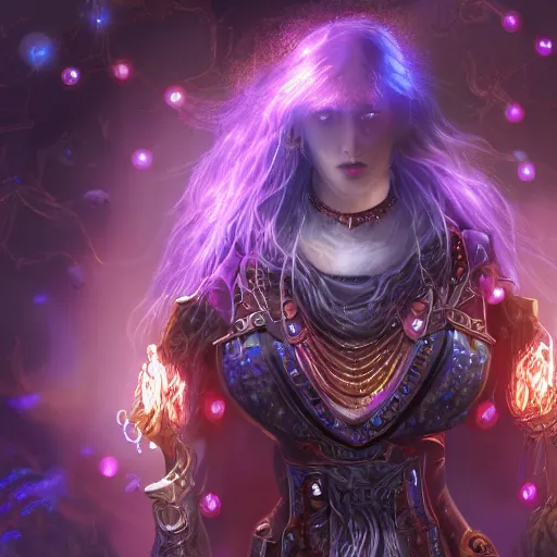 Image similar to Path of Exile, Maven, female image with silver purple hair among colourful lights, dark blue spheres fly around, Anachronism, painting, dark fantasy, steampunk, 4k,