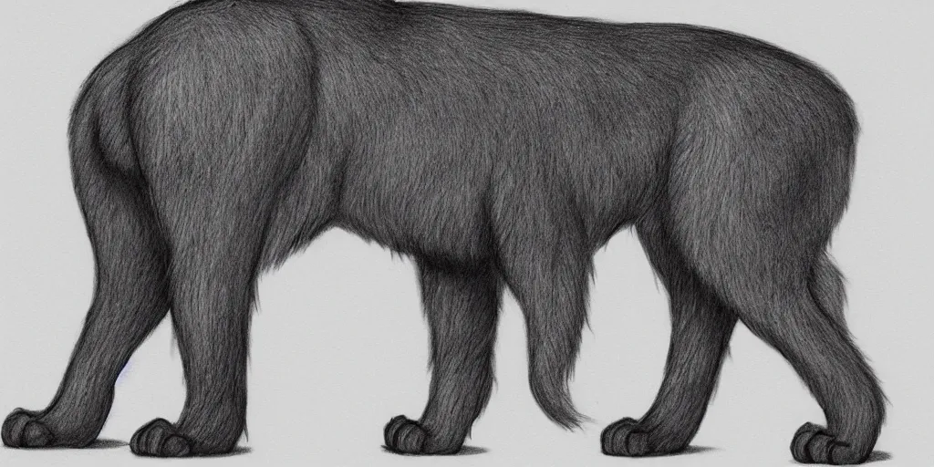 Prompt: full body shot of a large canine with the tail and ears of a cat, pencil drawing, illustration, black and white, artstation