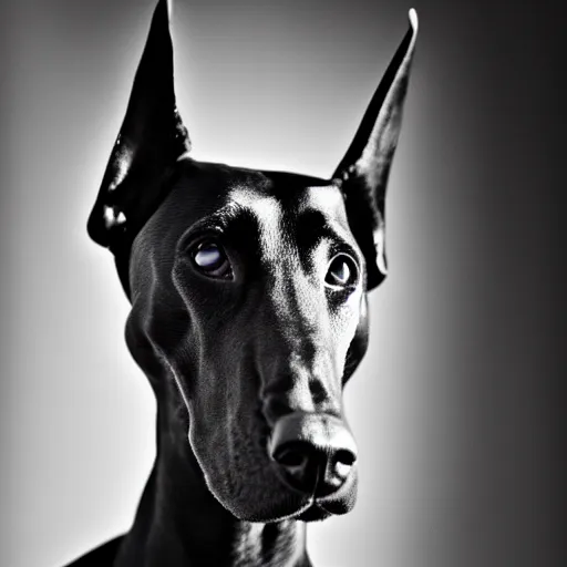 Prompt: fashion photography of model with the head of a doberman, wearing futuristic hip - hop fashion, inside berghain, futuristic fashion, photo 3 5 mm leica, hyperdetail, 8 k, very detailed, black and white