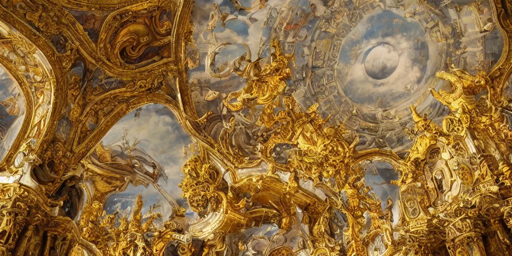 Prompt: beautiful ornate heavenly marble and gold rococo megastructure in the style of heironymus bosch, light intricate masterpiece, hyper detailed, hd