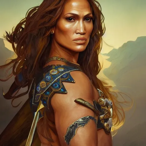 Prompt: portrait of Jennifer Lopez as a warrior woman, looking at camera, D&D, intricate, elegant, stylish, cute smile, mouth slightly open, fantasy, extremely detailed, digital painting, artstation, concept art, smooth, sharp focus, illustration, stunning lighting, art by artgerm and greg rutkowski and alphonse mucha and simon stalenhag.