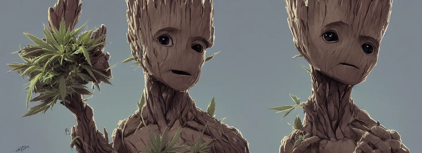 Image similar to duotone concept illustration 3 / 4 portrait of baby groot wearing cannabis hat, hemp, marijuana!, cinematic volumentric lighting, jim cheung, david marquez, mike deodato jr, ilya kuvshinov, makoto shinka, behance hd by jesper ejsing, by rhads, hyper detailed, octane render, concept art, artstation