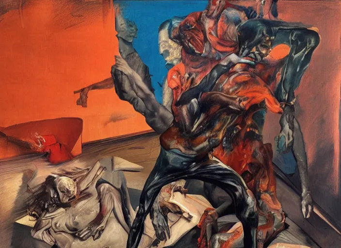 Prompt: a still from the film on the waterfront by francis bacon, surreal, by lucian freud and jenny saville and norman rockwell and james jean, greg hildebrandt, and mark brooks, hd, dark demonic dancer, turquoise and orange, triadic color scheme, dark surrealism