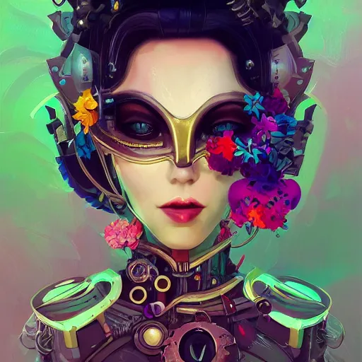 Prompt: a beautiful stunning fantasy whimsical matte digital portrait of a dark haired masquerade steampunk android woman with mechanical brains, her heart is full of colorful flora, concept art by Anna Dittmann and Anton Fadeev and Anato Finnstark, pastel color palette, trending on artstation hq