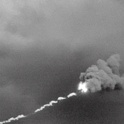 Image similar to combat drone strike war footage, black and white with green tint, very high contrast, nuclear cloud, high angle vertical, dirty, grainy, bad drone camera