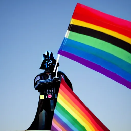 Prompt: photo of darth vader holding a gay pride flag