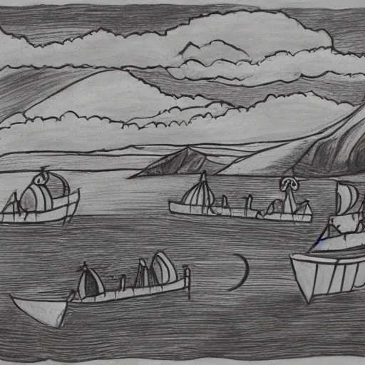 Prompt: landscape drawing with owls and boats, in the style of pauline baynes