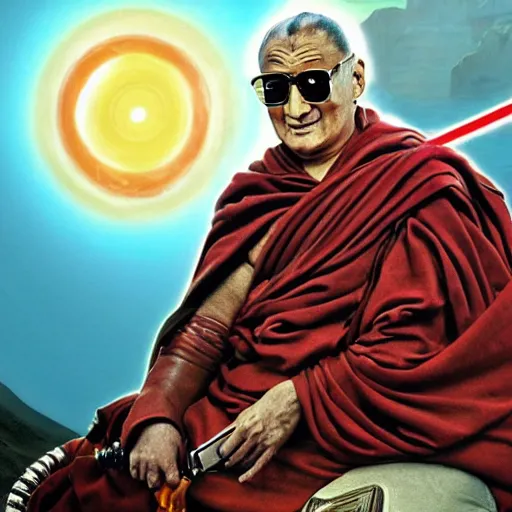 Prompt: fantasy wallpaper of dali lama riding a ton ton star wars science fiction