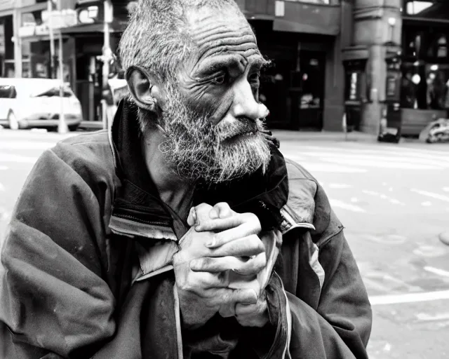 Prompt: a beautiful handsome homeless man in new york city. he is actually god in disguise.