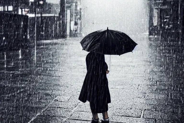 Prompt: still photo of a japanese woman holding an umbrella on the street, heavy rain, black and white color aesthetic, highly detailed, photorealistic portrait, bright studio setting, studio lighting, crisp quality and light reflections, unreal engine 5 quality render