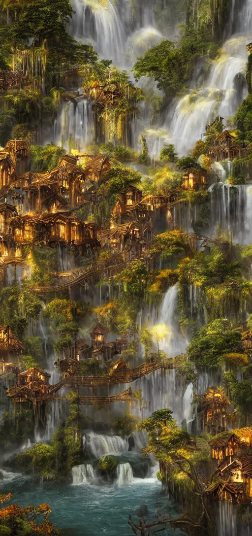 Image similar to wooden elven City with golden roofs, arches and bridges on top of a WATERFALL in the fall, gnarly trees, lush vegetation, forrest, a small stream runs beneath the waterfall, landscape, raphael lacoste, eddie mendoza, alex ross, john howe, concept art, matte painting, highly detailed, rule of thirds, dynamic lighting, cinematic, detailed, denoised, centerd, clean render