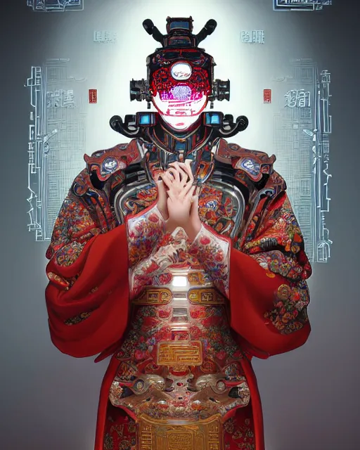 Image similar to portrait of a chinese cyberpunk machine, machine face, robed, upper half portrait, decorated with chinese opera motifs regal royal fierce machine robot cyberpunk fine china, wuxia, traditional chinese art intricate intense elegant highly detailed digital painting artstation concept art smooth sharp focus illustration, art by artgerm and greg rutkowski alphonse mucha 8 k