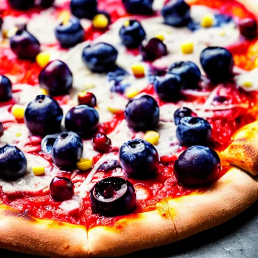 Prompt: A delicious plate of pizza with blueberries and cherries on, close up food photography, studio lighting, Sigma 35mm f/1.4