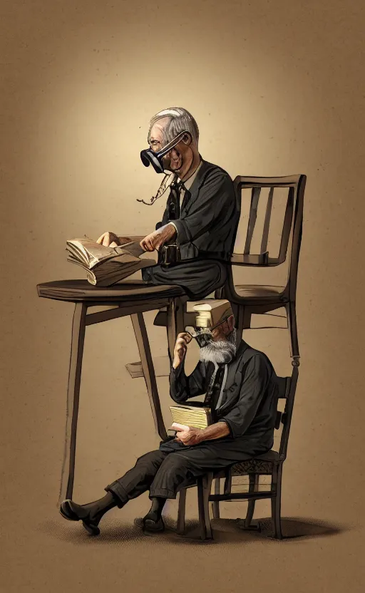 Prompt: old man, work, vintage dress, sittin, chair, book, gasmask, do, what, we, can, then, leave, it, to, god, non fiction, stability, intricate, elegant, 8 k, uhd, justify, content, center, artstation, concept art, matte, sharp focus, illustration, paul, lung