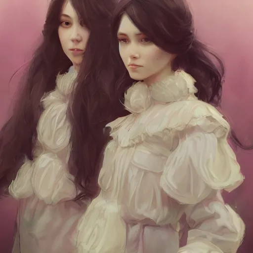 Prompt: a highly detailed portrait of sisters with purpure very very long hair, There are large snow-white peonies in the background, artstation, highly detailed, portrait, by krenz cushart
