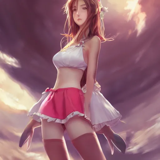 Image similar to full body shot of aerith gainsborough by WLOP, rossdraws, Logan Cure, Mingchen Shen, BangkuART, sakimichan, yan gisuka, JeonSeok Lee, zeronis, Chengwei Pan on artstation