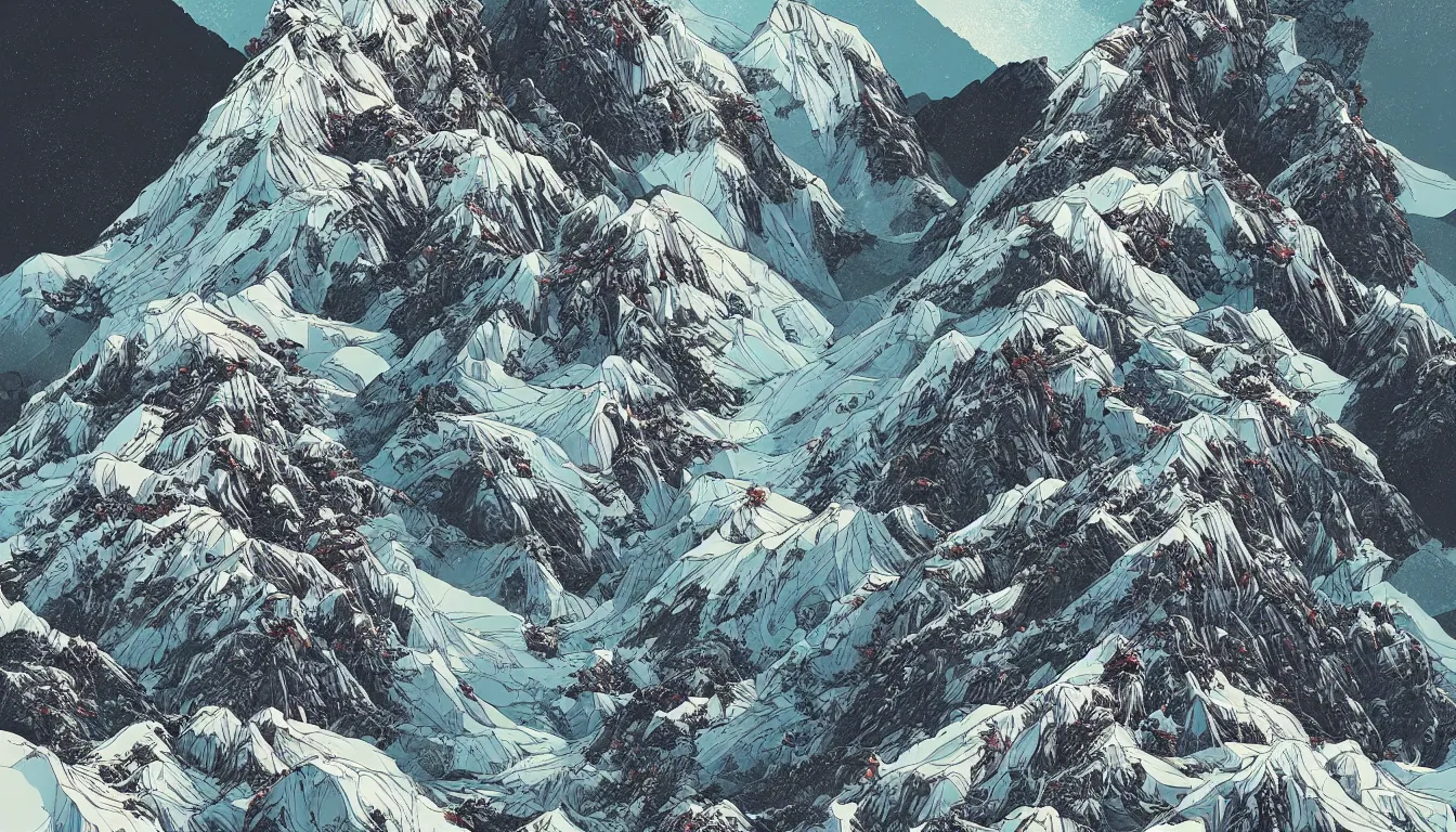 Image similar to himalayas, chinese ink brush, yukio - e, kilian eng, victo ngai, josan gonzalez