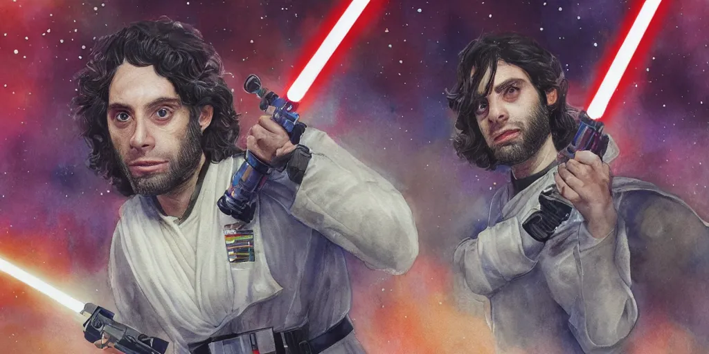 Image similar to a realistic star wars watercolor fantasy concept cart of chris d'elia as a drug dealer in a sleazy futuristic city of coruscant, hq, 4 k