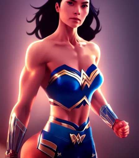 Image similar to beautiful portrait of a gorgeous personal trainer who looks like Wonder Woman , character design by charlie bowater, ross tran, artgerm, and makoto shinkai, detailed, soft lighting, rendered in octane