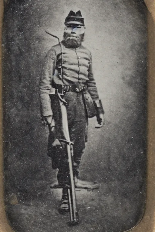Prompt: a tintype photograph of bigfoot as a soldier in the civil war, posing with his rifle