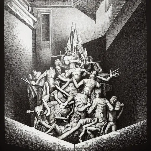 Image similar to lithography on paper secret layer dungeon conceptual figurative post - morden monumental dynamic portrait by goya and escher and hogarth, illusion surreal art, highly conceptual figurative art, intricate detailed illustration, controversial poster art, polish poster art, geometrical drawings, no blur