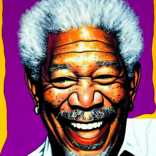 Image similar to a portrait of laughing Morgan Freeman . Tom's shoulders are in the frame. Tom looks sternly straight into the camera . painting in the style of Andy Warhol pop art